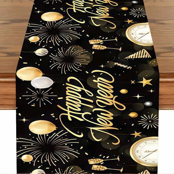 1 pièce Chemin de table Bonne Année - Décoration de table pour le Nouvel An en noir et or, Nappe rectangulaire en plastique pour la célébration du Nouvel An chinois