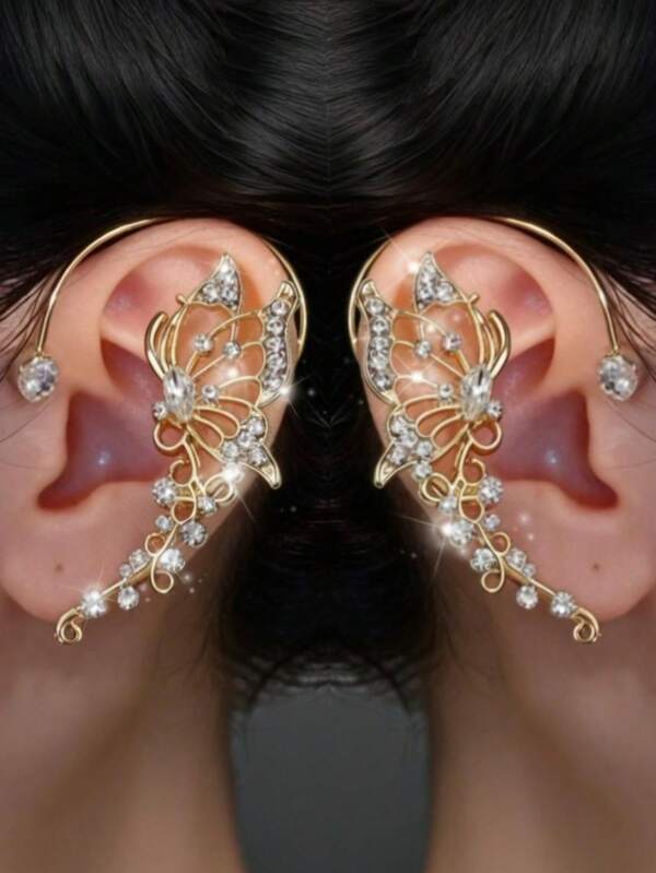 1 par de pendientes de mujer de aleación de oro con mariposa de cristal rhinestone, elegantes y de moda, exquisitos y de alta gama, adecuados para uso diario, festivales, fiestas, joyería de mujer