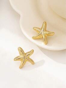 1 Pair Fashionable Smooth Starfish Earrings, Filled With Ocean Vibe, Minimalist & Compact, Versatile For Commuting - Golden Starfish 2 - View 3