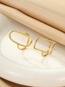 2pcs Stainless Steel Women's Golden Geometric Minimalist Ring Set, Suitable For Women Wear Or Gift - Yellow Gold - View 3