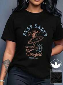 Camiseta casual de mujer, 100% algodón con estampado gráfico moderno, camiseta de manga corta con cuello redondo casual y cómoda, ropa de primavera y verano, adecuada para cualquier ocasión, color sólido, casual, uso diario. - Negro - Ver 1