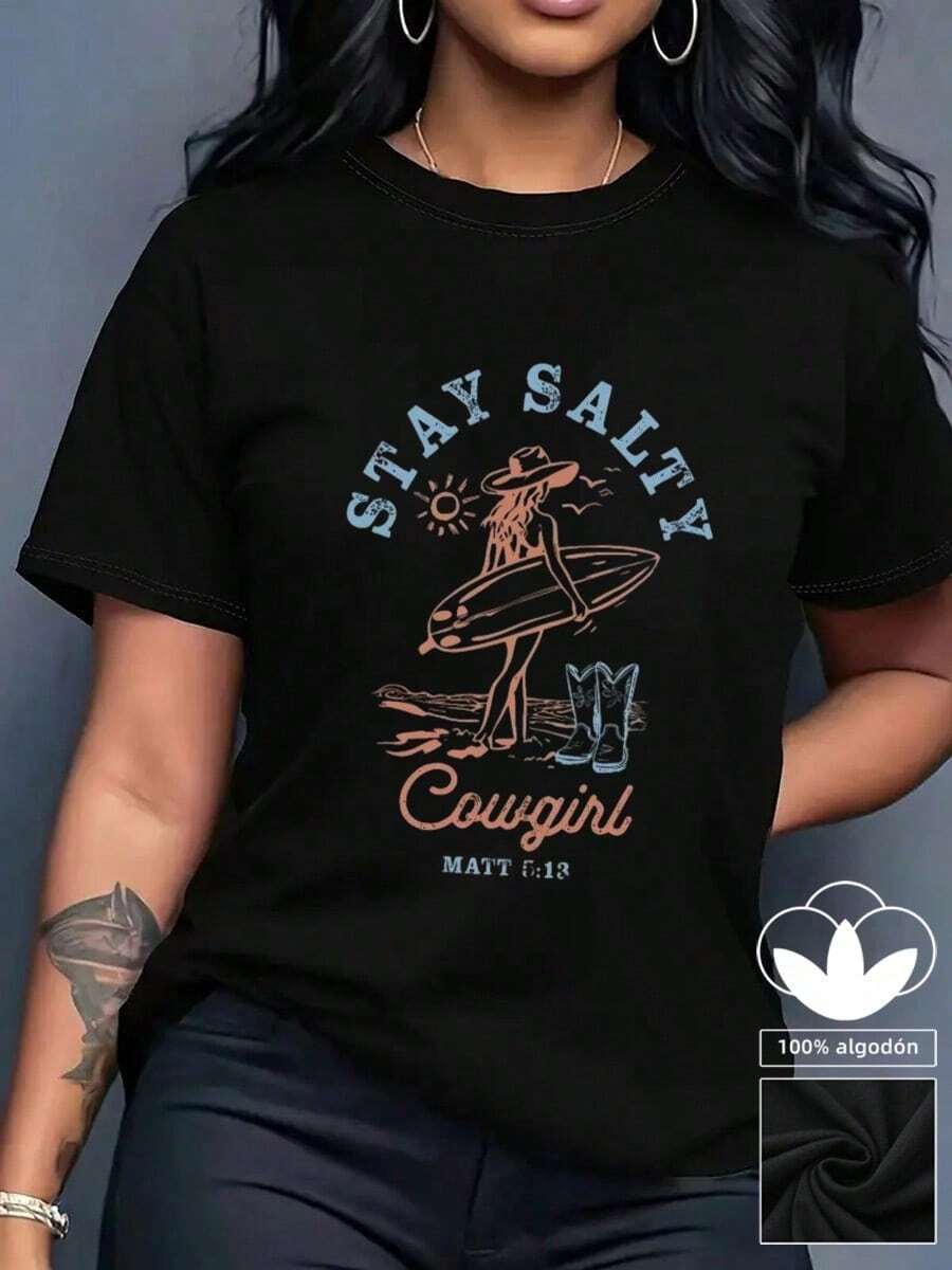 Camiseta casual de mujer, 100% algodón con estampado gráfico moderno, camiseta de manga corta con cuello redondo casual y cómoda, ropa de primavera y verano, adecuada para cualquier ocasión, color sólido, casual, uso diario. - Negro - Ver 1