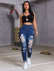 女士修身破洞牛仔裤，高腰性感设计，带口袋，做旧细节，拉链闭合。这款高腰修身浅色水洗棉质牛仔裤适合春秋季休闲穿着，也适合圣诞节和其他场合。度假 - 深海藍色 - 查看 5