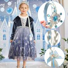 Girls Princess  Dress Up Costume Snow Queen Halloween Christmas Cosplay Party Toddler Dress Blue - 2-3年 - 查看 3