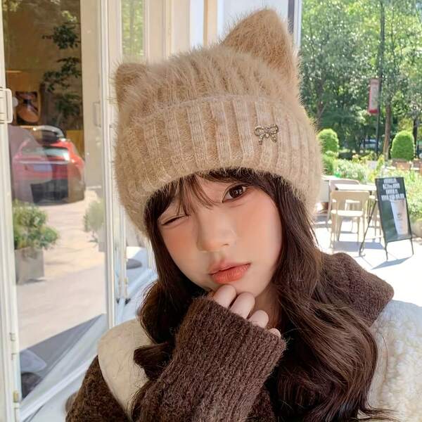 Women's Winter Ear Hat With Faux Ears & Bow - Elastic Foldable Knit Beanie, Foldable Ear Muffs For Cold Weather, Hand Washable (Gray/White) - Korean Style Accessory, Suitable For Daily Use