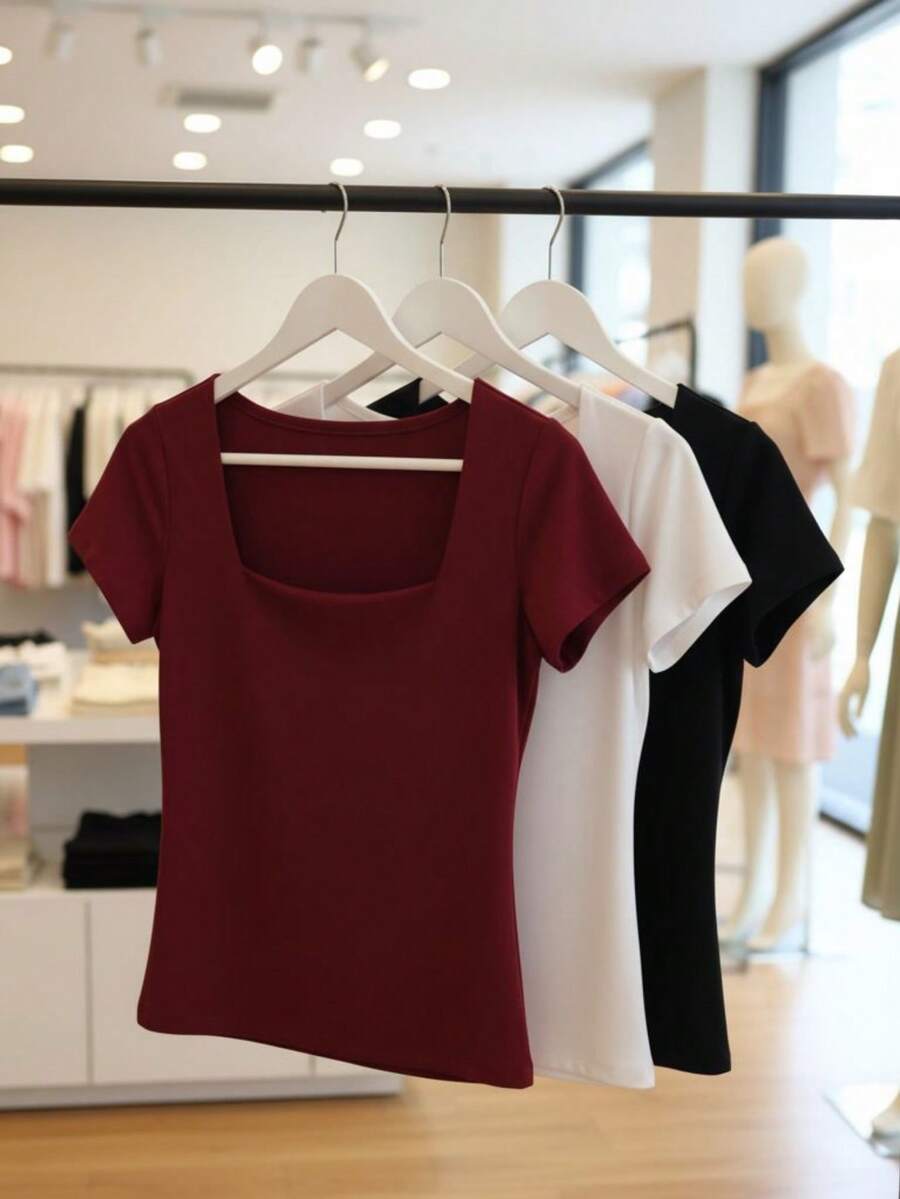 Set Of 3 Women's Baby Look Blouses With Square Neckline, Short Sleeves, Basic Shaping, Versatile, Casual Fashion, No Transparency, Fabric With Elastane, , Blogger Style, Affordable - 黑白葡萄酒 - 查看 1