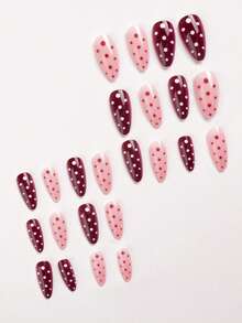 24-Piece Long Almond-Shaped Press On Nails, European And American French Solid Polka Dot Summer Nails, Simple And Sweet, Reusable Design, Suitable For Women's Daily Life And Travel