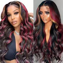 Human Hair Skunk Stripe Highlight Red Blonde Wig 13X4 Lace Front P1B/99 #27 Body Wavy Wet Remy Hair For Women Pre Plcuked Natural Hairline Halloween Christmas Cosplay - Piano Color - View 8