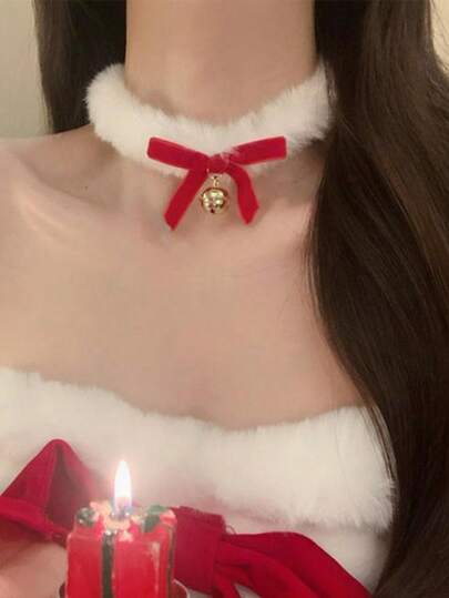 1件欧美风可爱锁骨链，圣诞蓬松项链，配甜美红色蝴蝶结铃铛颈链