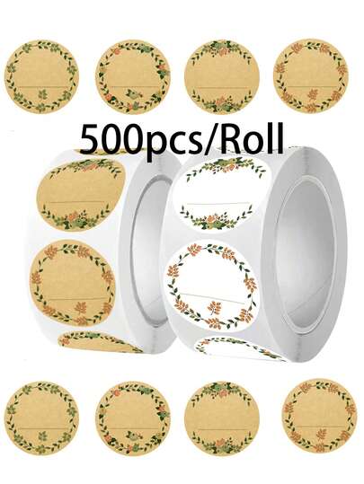 500pcs/Roll Kraft Paper Stickers, Floral Wreath Pattern Stickers, Suitable For Paper Stickers, Baking Gifts Decoration, Labels, Food Storage Labels, Gift Bag Sealing Stickers