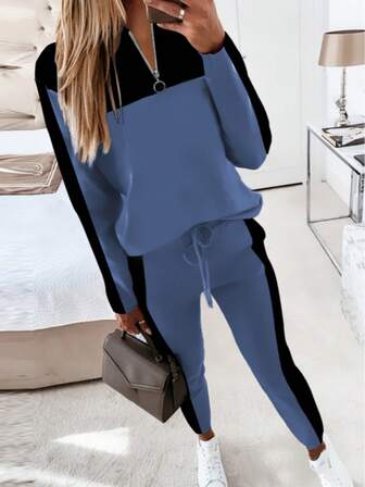 2ชิ้น/ชุด ชุดเสื้อยืดแขนยาวแบบมีซิปและกางเกงขายาวลำลองสีตัดกัน