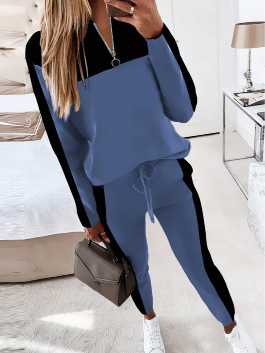 2pcs/Set Casual Color Block Long Sleeve Zip-Up T-Shirt And Pants Outfit Spring - Blue - View 1