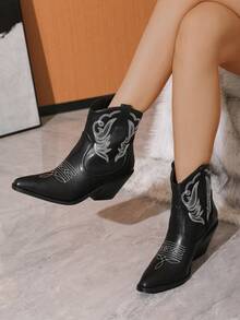 Botines de tacón medio estilo western para mujer, de moda y con estilo - Negro - Ver 1