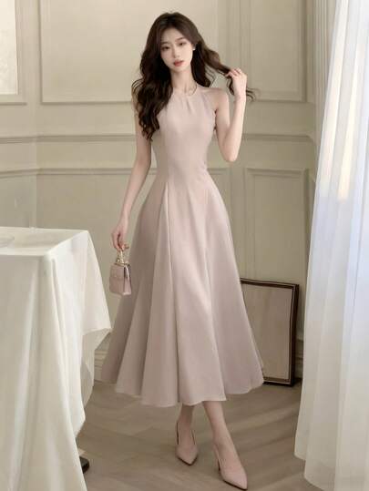 音乐会细肩带优雅休闲女式夏装无袖A字裙派对生日纯色时尚长裙女装春季新款