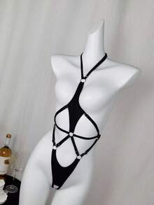 Sheer Black Bodysuit With Garter Straps, Made Of Medium Stretch Fabric, Sexy Lingerie For Women - Black - View 4