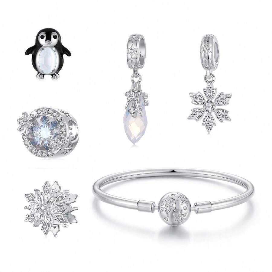 Bamoer 原创 S925 纯银吊坠 冬季雪花手链 串珠 DIY 首饰配件 纯浪漫冰雪珠 日常搭配 时尚女装首饰 - 彩色 - 查看 1