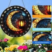 Decoração Suspensa Acrílica Redonda - Design de Lua Crescente em Vidro Pintado com Cores de Outono, Peça de Arte para Janela, Parede, Varanda, Decoração de Jardim, Decoração de Iluminação, Acento de Varanda, Design de Moldura Delicada, Artesanato Artístico - Acrílico redondo - Visão 9