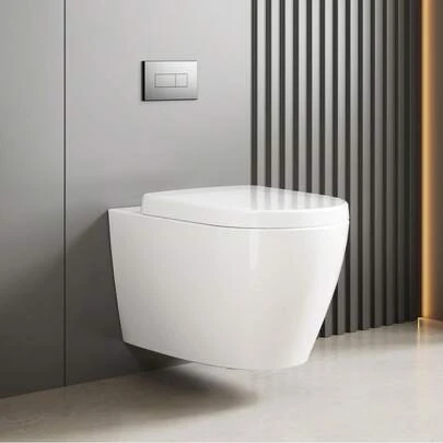 Hodeffior Inodoro suspendido, inodoro sin reborde con tapa de cierre suave, inodoro suspendido de diseño compacto en forma de D, inodoros suspendidos con tecnología de descarga eficiente, descarga Superspin de un solo orificio de 360°