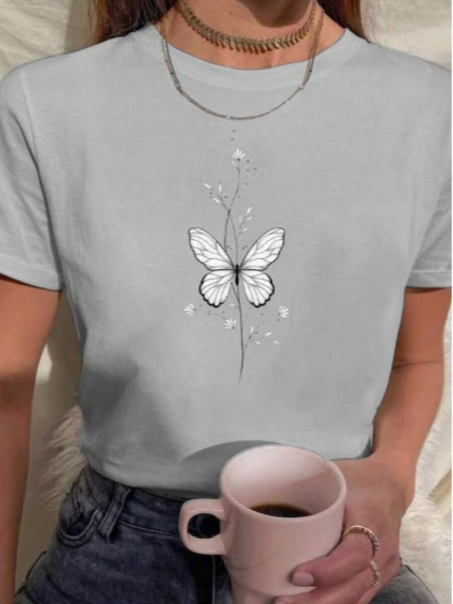 Women's "BUTTERFLY" T-Shirt, Stylish Casual T-Shirt, Regular Fit, 100% Cotton - Xám - Xem 1