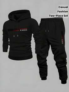 Men's Two-Piece Set, Casual Round Neck Long Sleeved Hooded Sweatshirt And Sweatpants Set, Lightweight Sweatshirt Set, Suitable For Spring And Autumn Seasons, Sweatshirt Set, Sweater Hooded Sweatshirt, Sports Top, Jogging Pants, Sports Pants, Hooded Sweatshirt, Jogging Pants, Sweatshirt, Pants, Hooded Top, Sports Pants, Jogging Pants - 黑色+黑色 - 查看 10