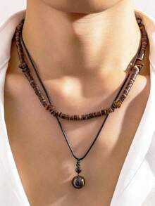 2pcs Vintage & Bohemian Coconut Shell, Turquoise & Wooden Bead Necklace, Suitable For Men For Daily Beach Vacation Decoration, Charming Jewelry Set Gift - Brown - View 7