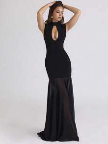 优雅性感透视网纱拼接鸡尾酒礼服，时尚高端晚礼服派对婚礼 - 黑色 - 查看 5