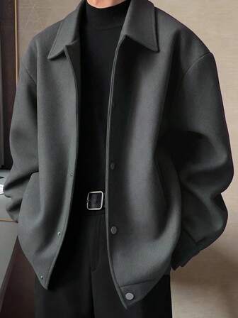 男士纯色翻领羊毛混纺全拉链夹克，厚实外套，街头风，绅士风格，适合多种场合，秋冬季百搭单品