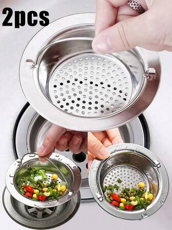 2pcs Stainless Steel Kitchen Sink Strainer, Wide Rim, With Handle, Anti-Rust Food Catcher, Easy To Clean, Fits Drain Filter