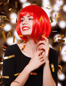 Peluca sintética de corte recto con flequillo plano, de 12 pulgadas/30 cm, estilo de moda para mujer (rojo) - Rojo - Ver 2