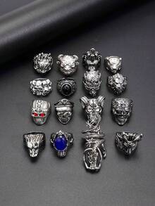 Bộ 16 nhẫn mặt đầu lâu phong cách Hip Hop thời trang đường phố cổ điển, trang sức phong cách Punk Gothic dành cho nam - Màu Bạc Cổ - Xem 2