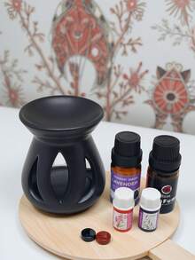 1pc Handmade Ceramic Trifoliate Incense Burner, Japanese-Style Candle & Essential Oil Diffuser Decor Gift - Metallic Black - View 9