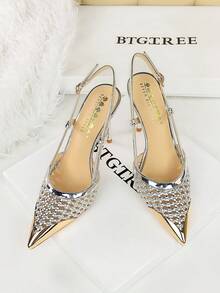 Fashionable Hollow Woven Stiletto Heels Sandals, Metallic Pointed Toe Strap High Heels, Elegant Party Shoes For Women