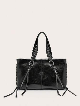 Bolso de mano vintage de mujer con cordón, lados tejidos, diseño con cremallera y borlas, de moda y minimalista