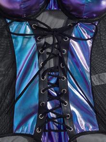 Body de mujer con cuero sintético y ribete de encaje con medias de red negras, sexy - Negro - Ver 5