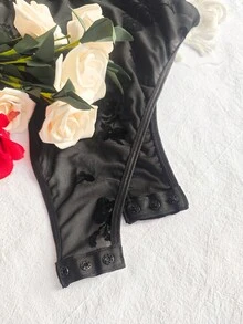 Black Floral Mesh Steel Bra Jumpsuit - Sexy Fitted Deep V-Neck - Black - View 9