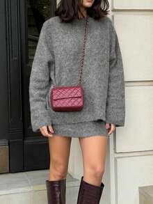 Knit Mix Elegant Women's Fall Winter Knit Sweater Set, Casual Round Neck Long Sleeve Pullover Top, Christmas New Year Thanksgiving Chic Solid Color Two Pieces