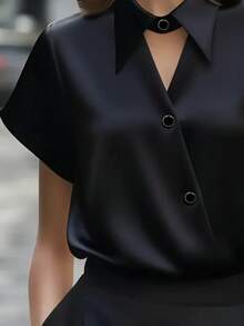 Women's Elegant Casual Solid Color Versatile Short Sleeve Shirt, Suitable For Daily Wear - Black - View 2