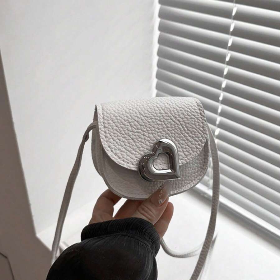 Mini bolso bandolera para mujer con cierre de corazón, elegante textura de PU, bolso de hombro informal - Blanco - Ver 1