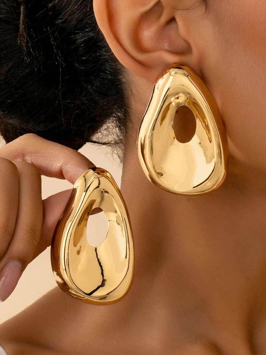 1 Cặp bông tai mặt dây chuyền hình giọt nước dày bất đối xứng bằng kim loại vàng tối giản sang trọng, phù hợp với trang phục thời trang hàng ngày và dự tiệc của phụ nữ - Vàng - Xem 1