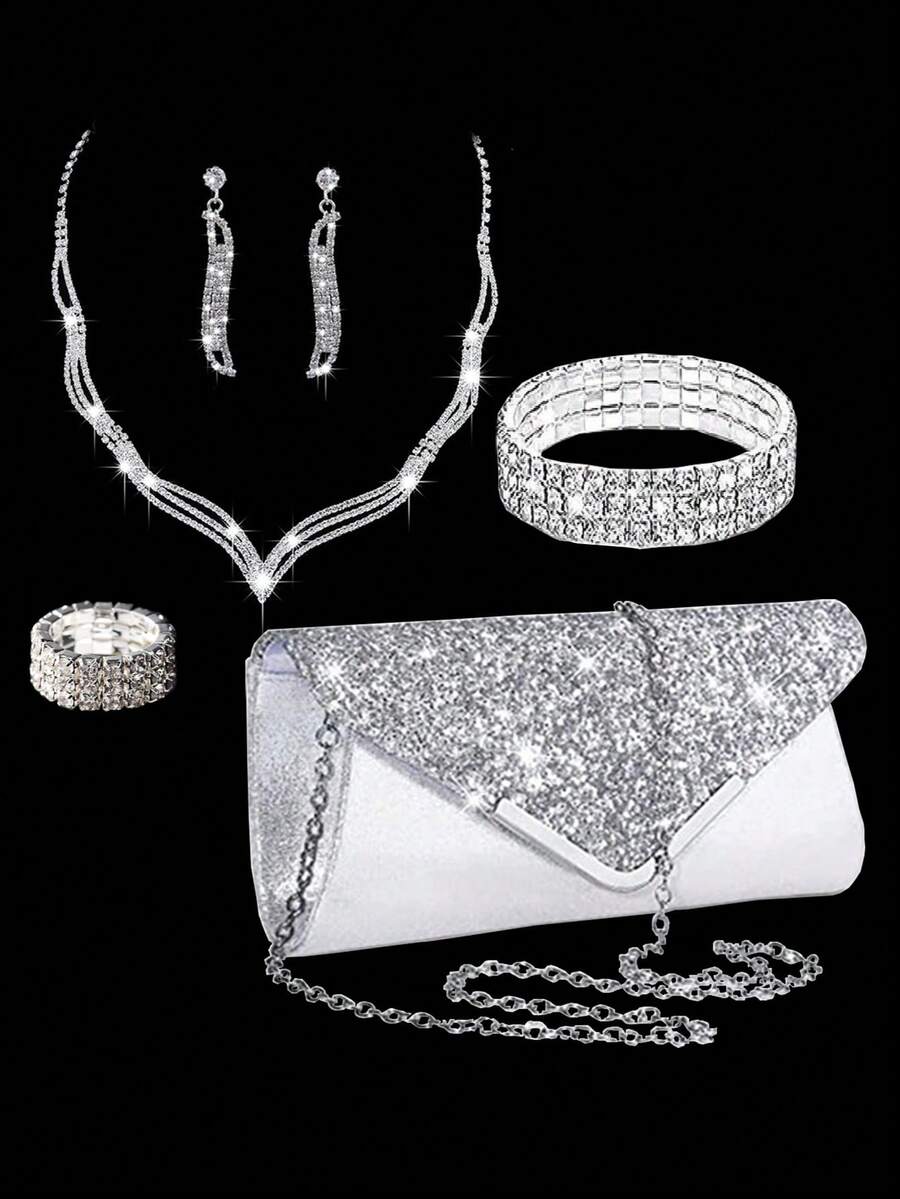 Zestaw 5-częściowy: torebka damska na imprezę z kryształkami, kopertówka, bransoletka, kolczyki, naszyjnik i pierścionek
