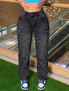 Grey Cross Patch Baggy Wide Leg Jeans – Y2K Streetwear Denim Pants For Women - Xám - Xem 1