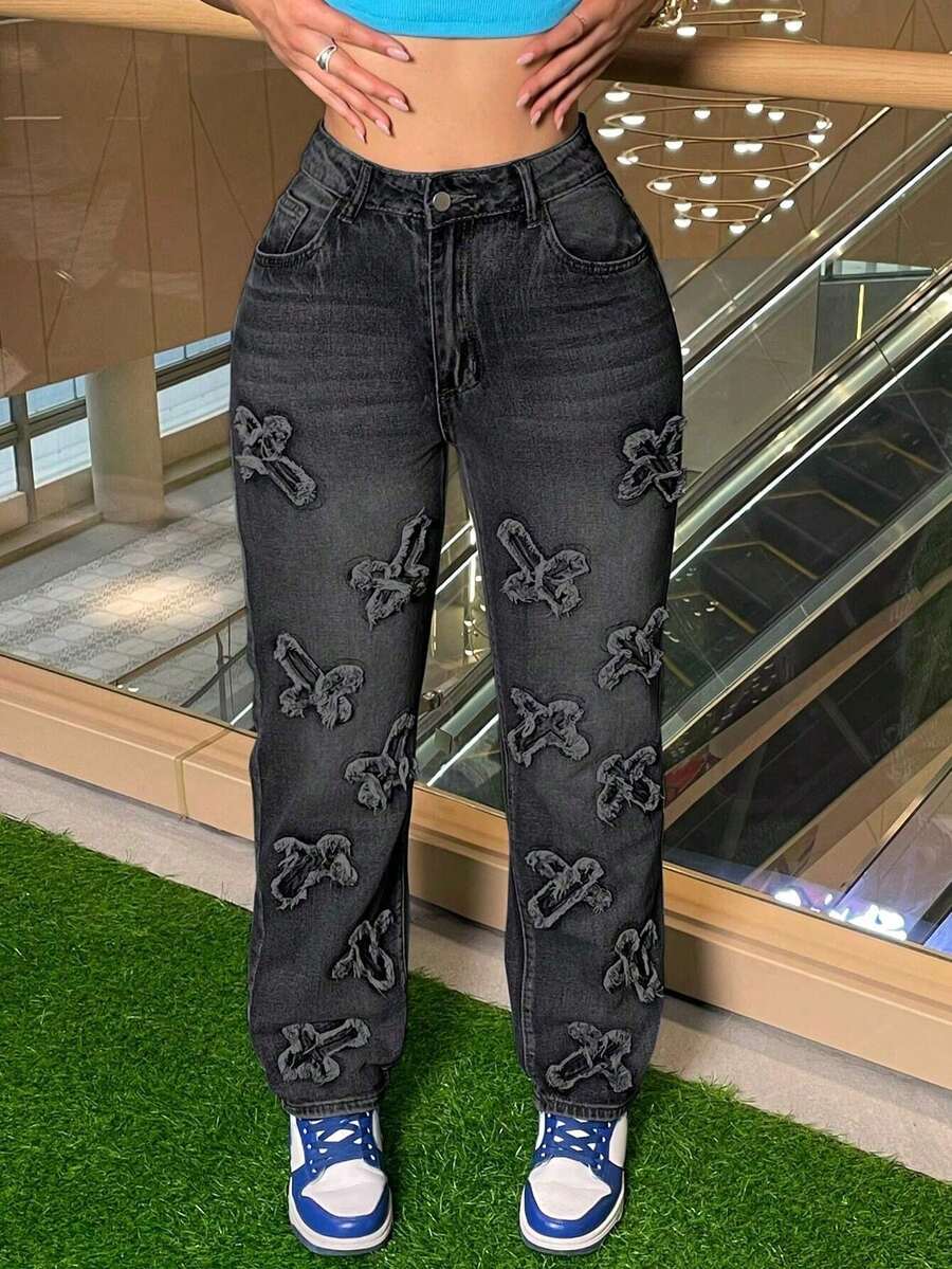 Grey Cross Patch Baggy Wide Leg Jeans – Y2K Streetwear Denim Pants For Women - Xám - Xem 1