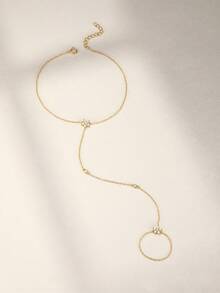 1 pieza Juego de anillo y pulsera de plata de ley 925 con diseño floral clásico, pulsera y anillo elegantes con cadena y circonita cúbica para mujer, adecuado para uso diario, boda, fiesta, compromiso, aniversario, Día de San Valentín - Dorado - Ver 2