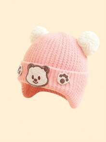 1pc 0-6 Months Baby Cartoon Bear Pom Pom Decorated Earflap Knit Hat, Warm & Versatile Cute Newborn Winter Cap, Suitable For Holiday Gifts And Daily Outdoor Use - Multicolor - View 5