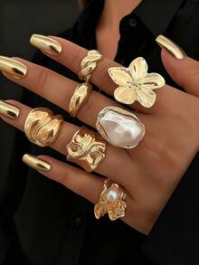 7 件/3 件套优雅复古精致派对风格人造珍珠荷叶边花朵几何粗金属环套装，几何线条设计，适合女性日常、派对、度假穿着，可堆叠，完美的礼物选择