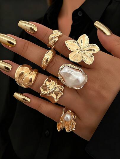 7 件/3 件套优雅复古精致派对风格人造珍珠荷叶边花朵几何粗金属环套装，几何线条设计，适合女性日常、派对、度假穿着，可堆叠，完美的礼物选择