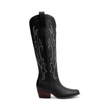 Womens Cowboy Cowgirl Knee High Boots Comfortable Pull-On Chunky Heel Embroidered Western Retro Tall Boots With Side Zipper - màu đen - Xem 5