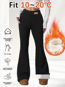 Ladies Winter Black Padded Warm Bottoming Pants, Wide-Leg Stretchy Leggings - 黑色 - 查看 10