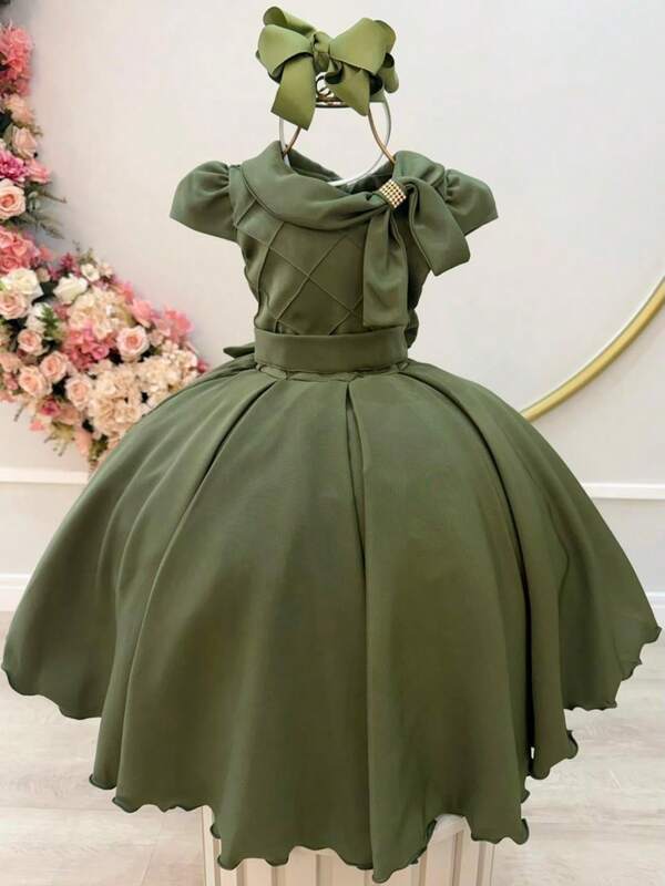 Vestido Infantil Verde Oliva Busto Nervura Formaturas Damas