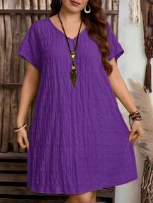 Plus Size V-Neck Solid Color Fashion Vintage Loose Short Sleeve Dress (Bust Measurement) Elegant Summer - Purple - View 1